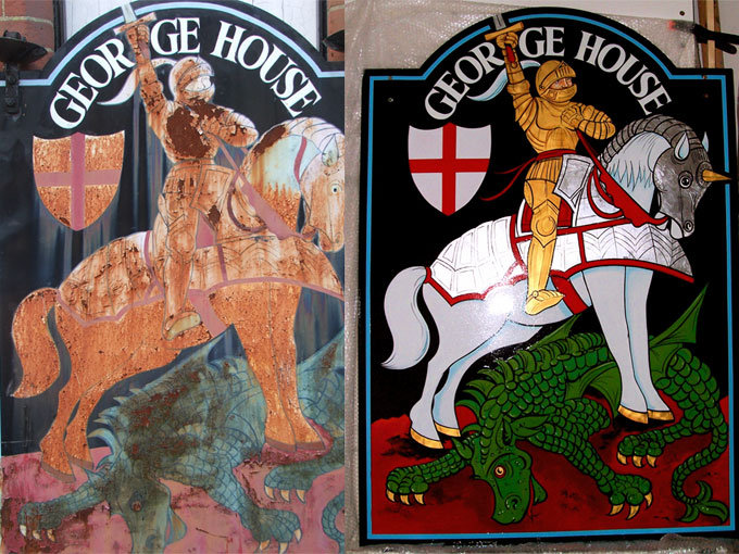 before and after photos of restored pub sign