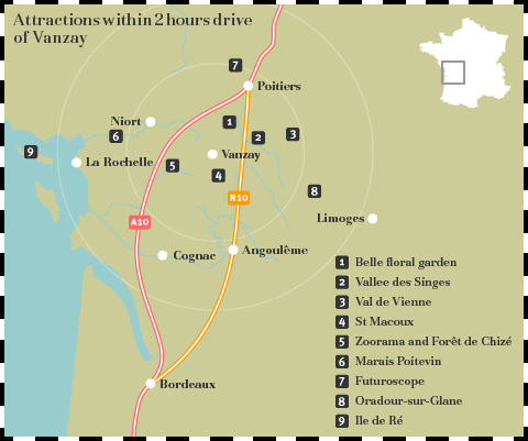 Map showing attractions within a 2 hour drive of Vanzay.